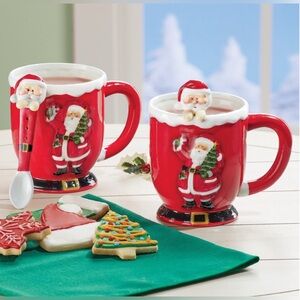Collections Etc Red Santa Mugs with Spoons (Set of 2)  new with tags
